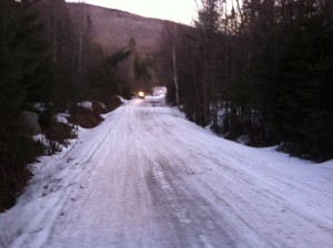 A sled on the Grouse Hill Road, corridor 7 south , the last night of the 2012-2013 snowmobile season, April 15, 2013. It still looks rideable!